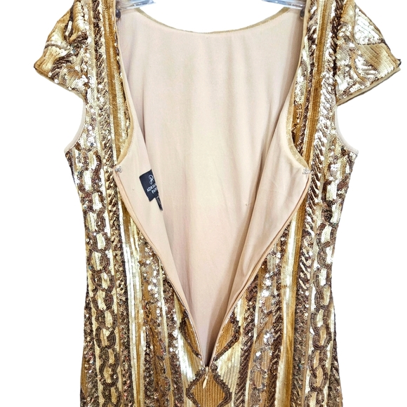 Nwot Adrianna Papell Cable Knit Cap Sleeves Gold Geometric Sequin Cocktail Dress - Picture 15 of 17